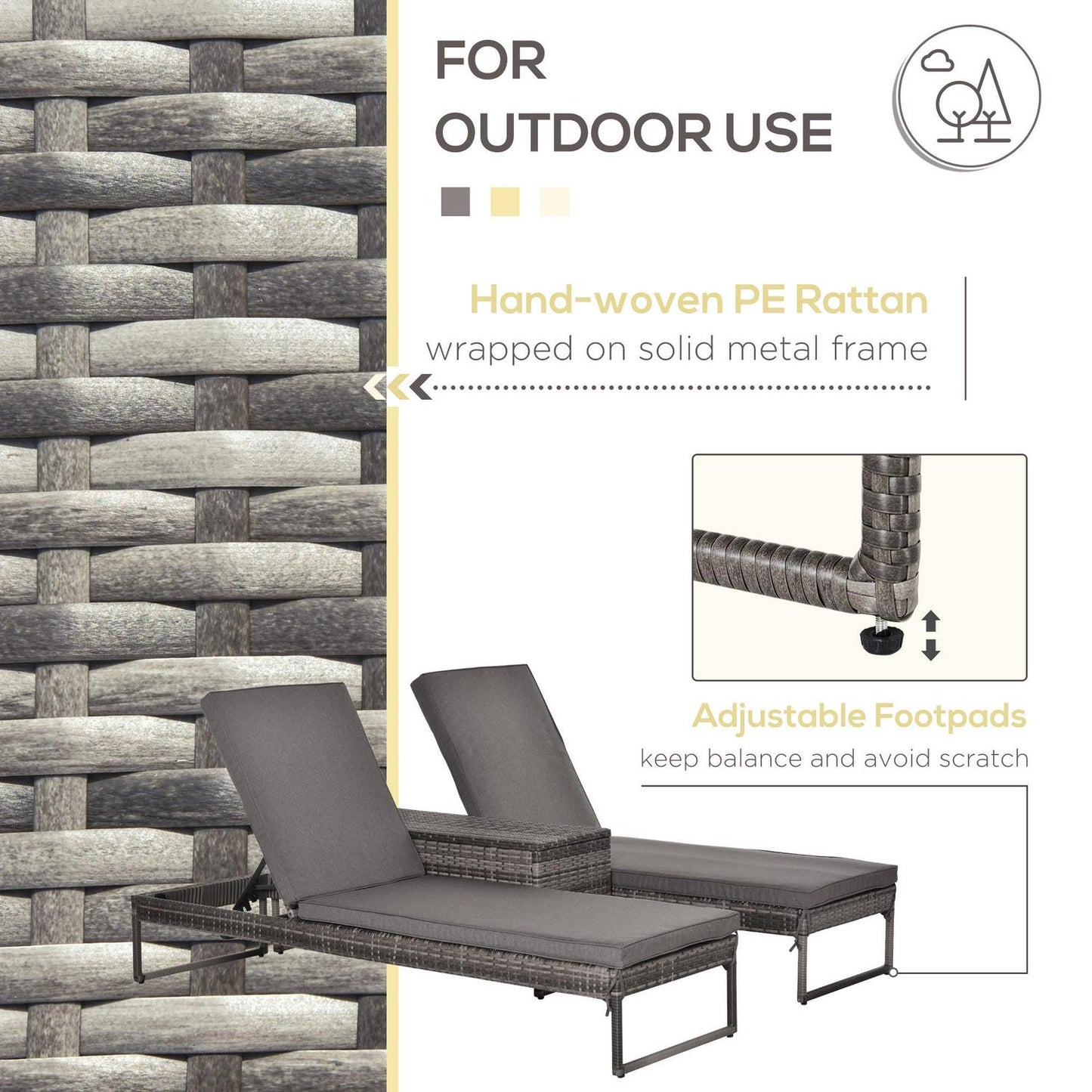 PE Rattan 2-Seat Outdoor Garden Lounger Set W/ Table Grey