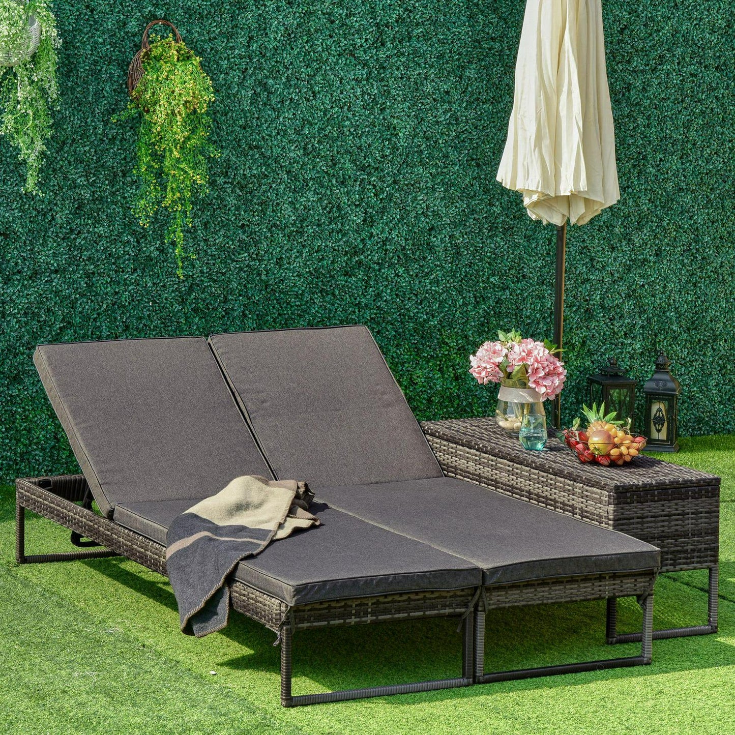 PE Rattan 2-Seat Outdoor Garden Lounger Set W/ Table Grey