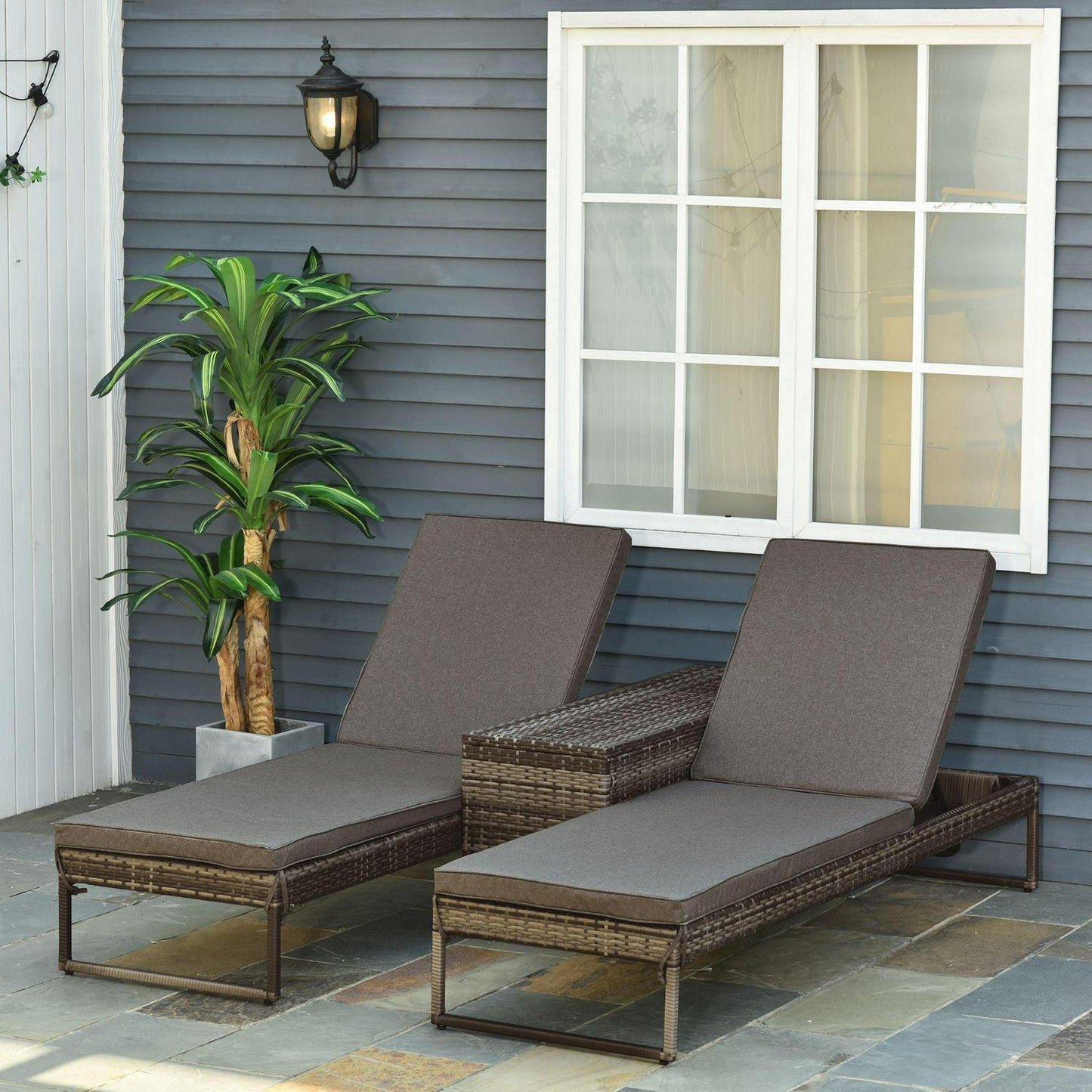 PE Rattan 2-Seat Outdoor Garden Lounger Set W/ Table Grey