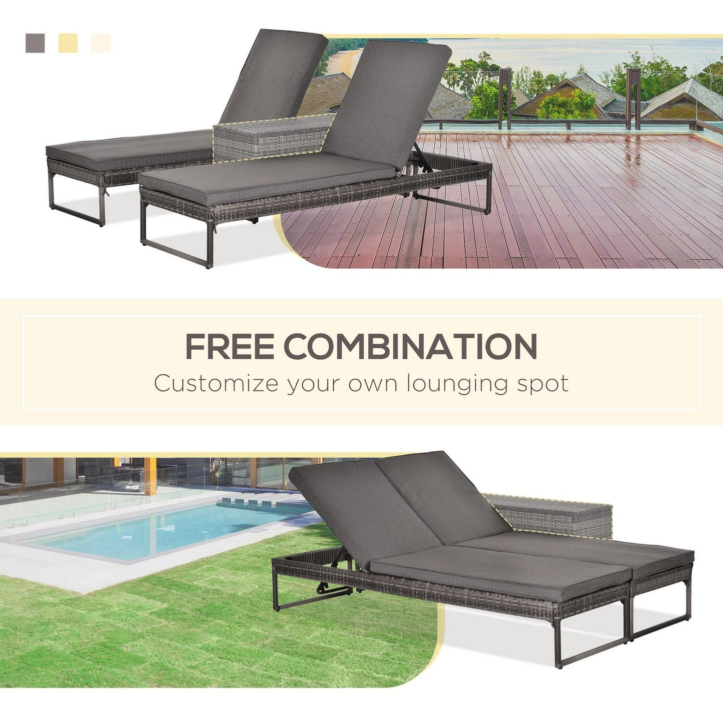 PE Rattan 2-Seat Outdoor Garden Lounger Set W/ Table Grey