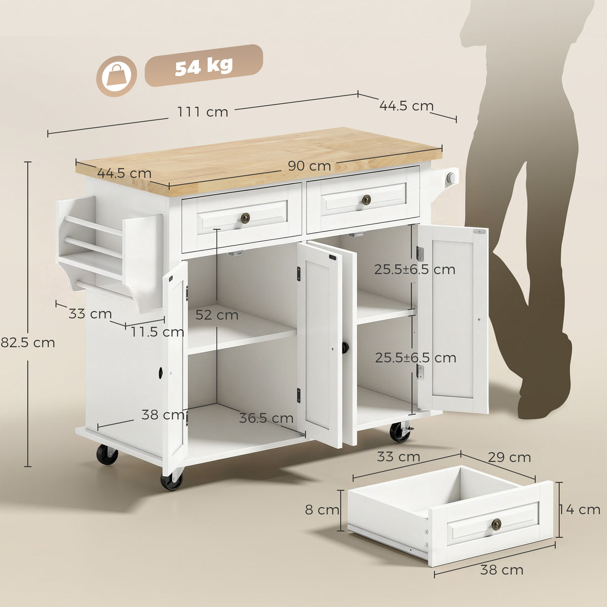 HOMCOM Kitchen Island on Wheels, Rolling Kitchen Storage Trolley with Rubber Wood Top, Drawers, Adjustable Shelves, Cream White