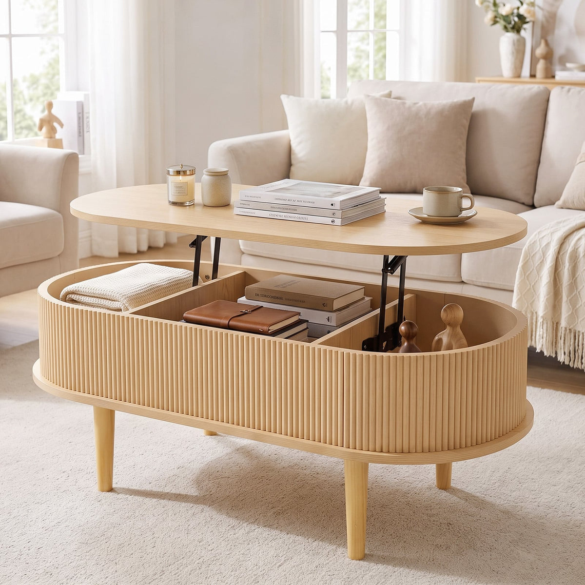Oval Lift Top Coffee Table with Storage Fluted Design and Raised Wood Feet-Narural