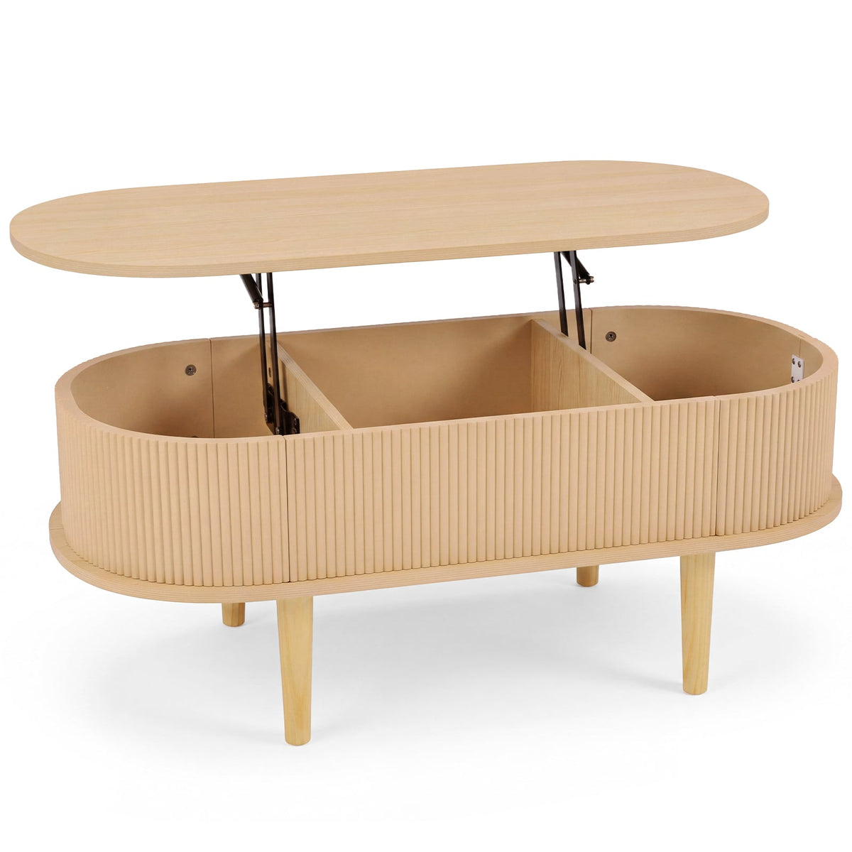 Oval Lift Top Coffee Table with Storage Fluted Design and Raised Wood Feet-Narural