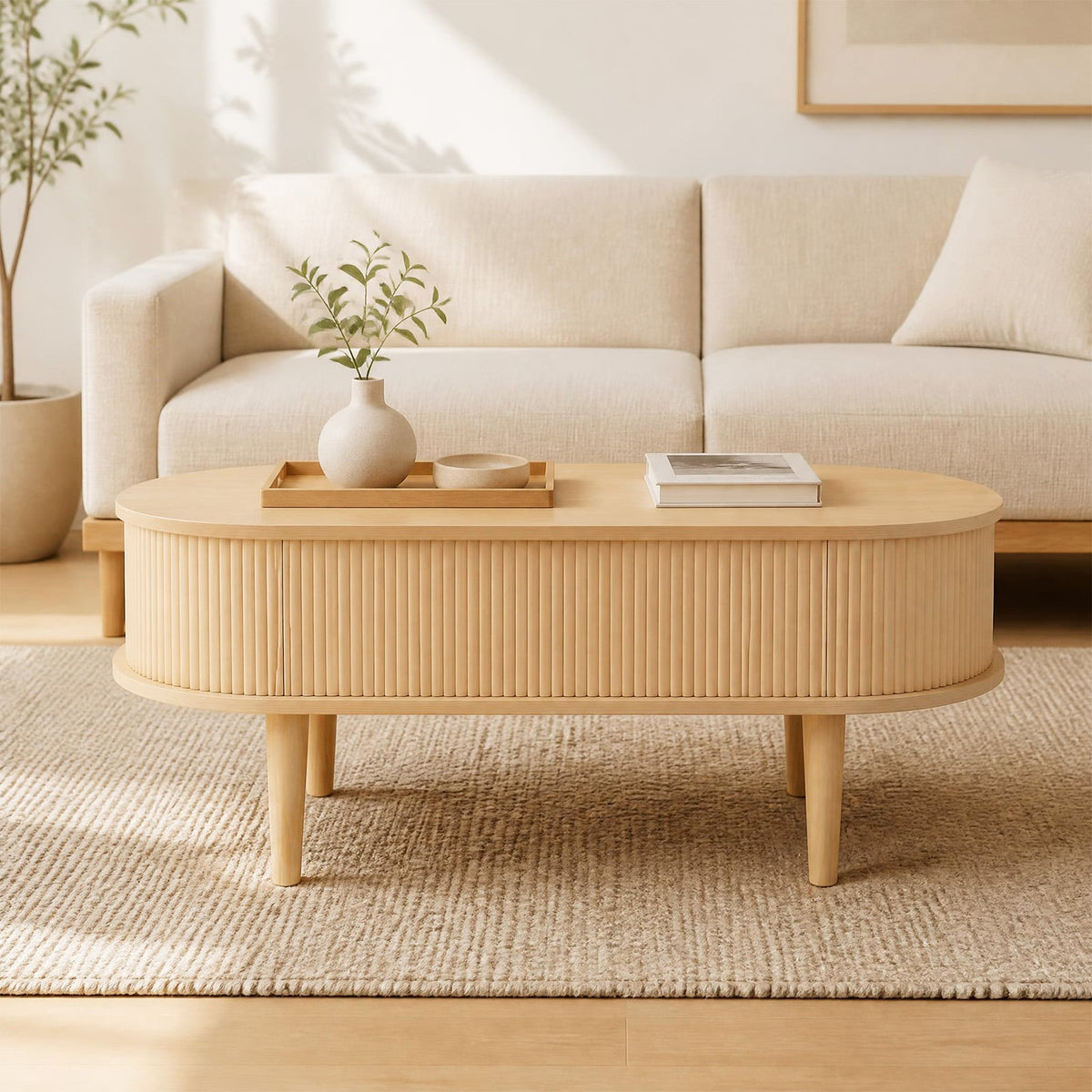 Oval Lift Top Coffee Table with Storage Fluted Design and Raised Wood Feet-Narural