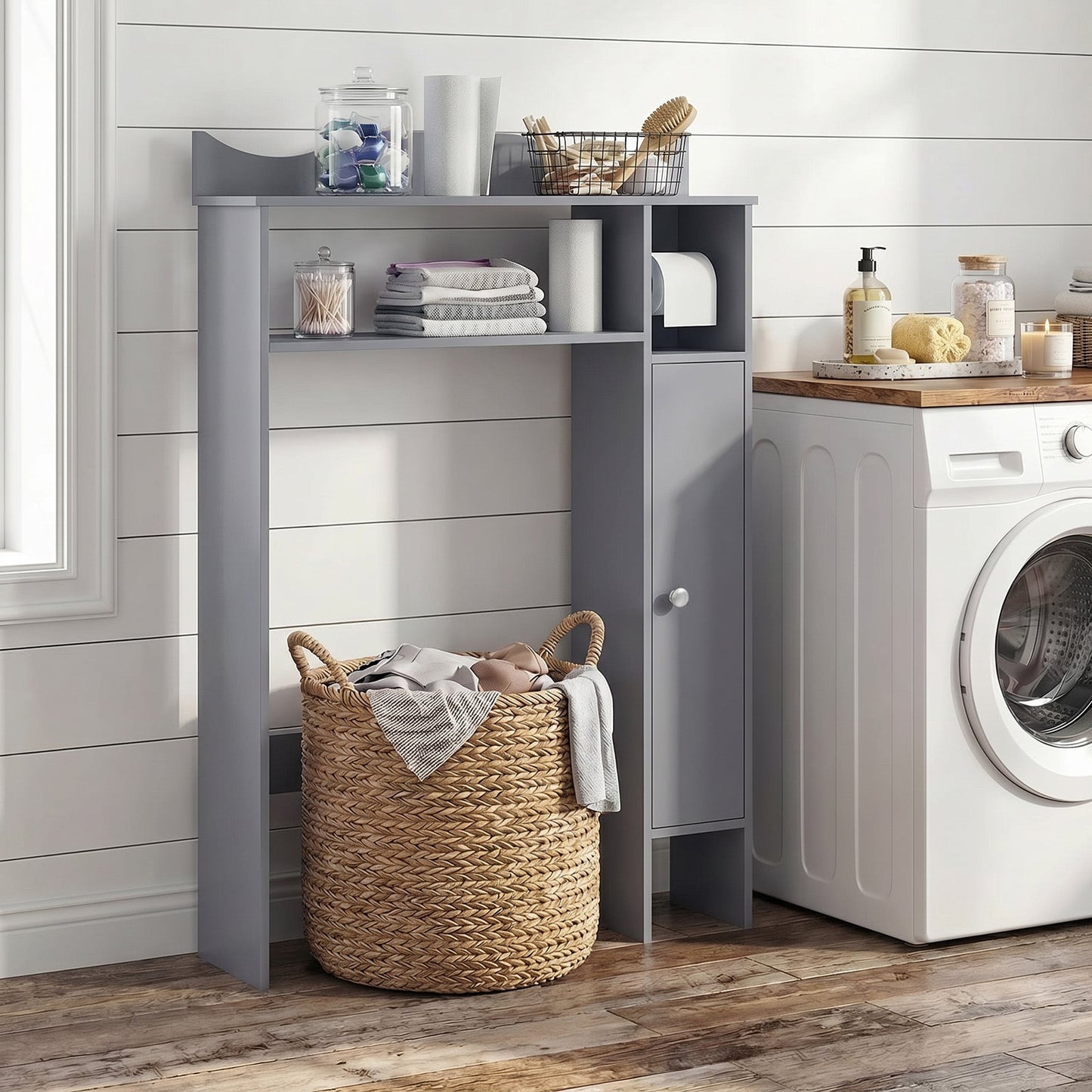 Over Toilet Storage Cabinet with Paper Holder and Removable Shelves for Bathroom-Gray