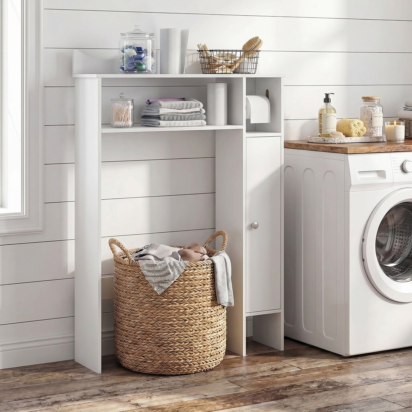 Over Toilet Storage Cabinet with Paper Holder and Removable Shelves for Bathroom-White