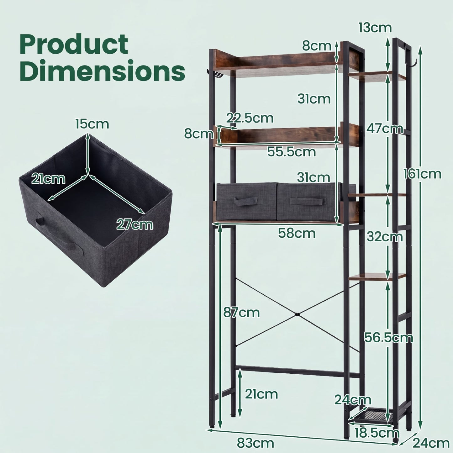 Over Toilet Storage Rack with 2 Fabric Drawers and 4 Hooks for Bathroom-Rustic Brown
