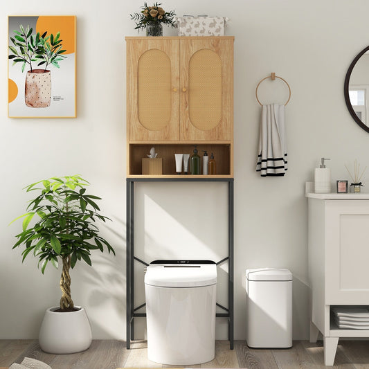 Over The Toilet Freestanding Toilet Storage Cabinet with Rattan Doors-Natural