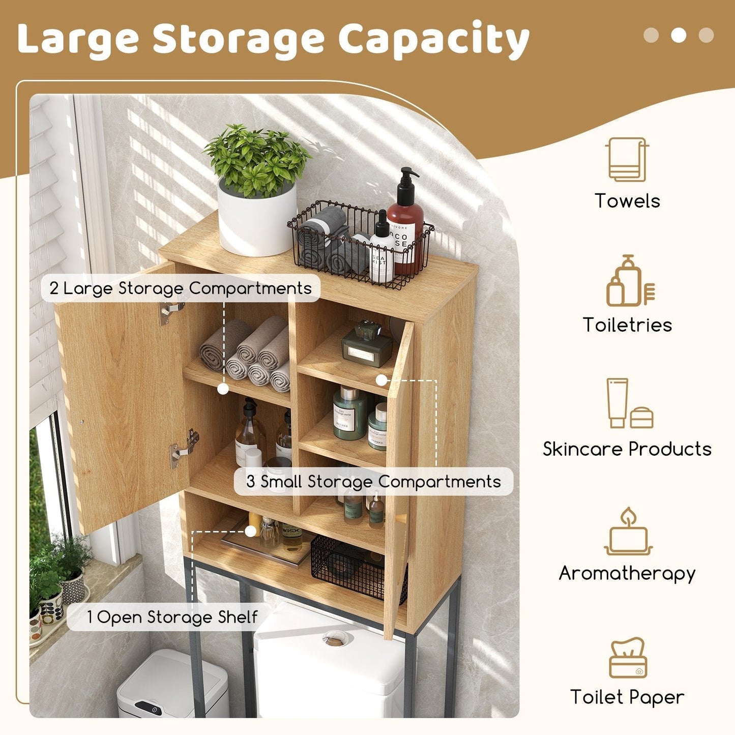 Over The Toilet Freestanding Toilet Storage Cabinet with Rattan Doors-Natural