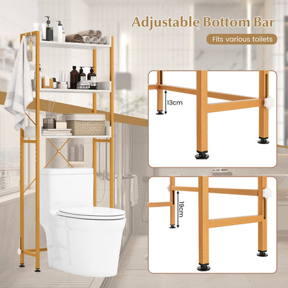 3-Tier Over The Toilet Storage Rack with 4 Hooks and Adjustable Bottom Bar-White