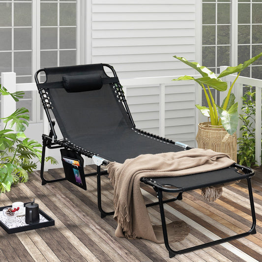 Oversize Folding Chaise Lounge with Adjustable Backrest and Detachable Pillow-Black
