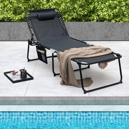 Oversize Folding Chaise Lounge with Adjustable Backrest and Detachable Pillow-Black