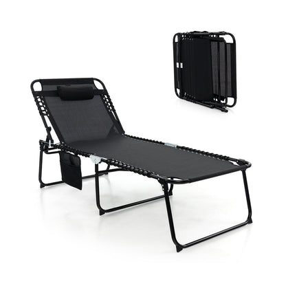 Oversize Folding Chaise Lounge with Adjustable Backrest and Detachable Pillow-Black
