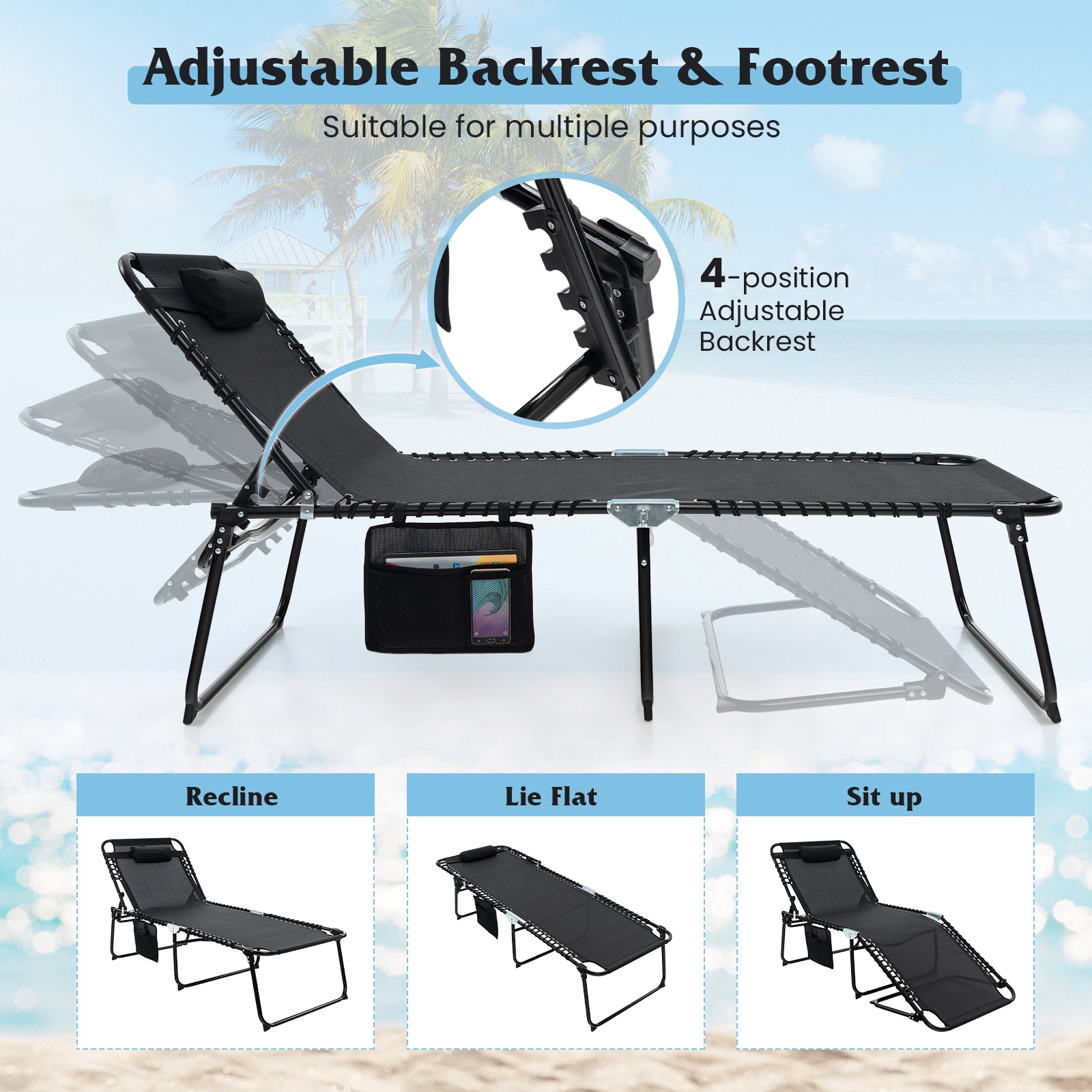 Oversize Folding Chaise Lounge with Adjustable Backrest and Detachable Pillow-Black