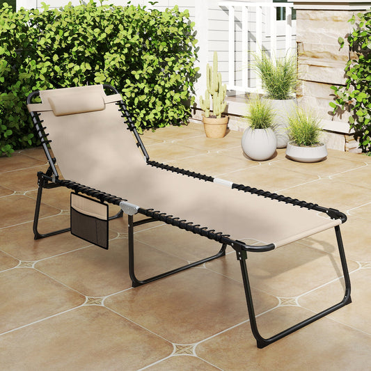 Oversize Folding Chaise Lounge with Adjustable Backrest and Detachable Pillow-Beige