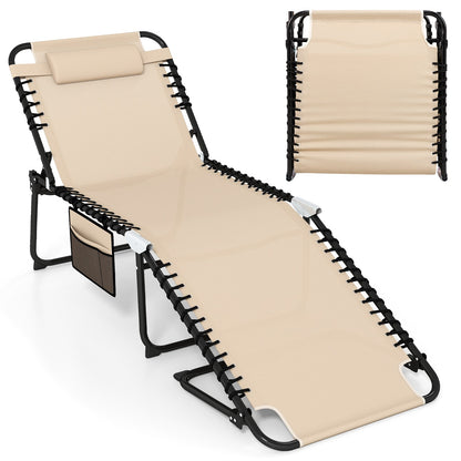 Oversize Folding Chaise Lounge with Adjustable Backrest and Detachable Pillow-Beige