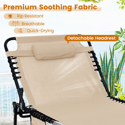 Oversize Folding Chaise Lounge with Adjustable Backrest and Detachable Pillow-Beige