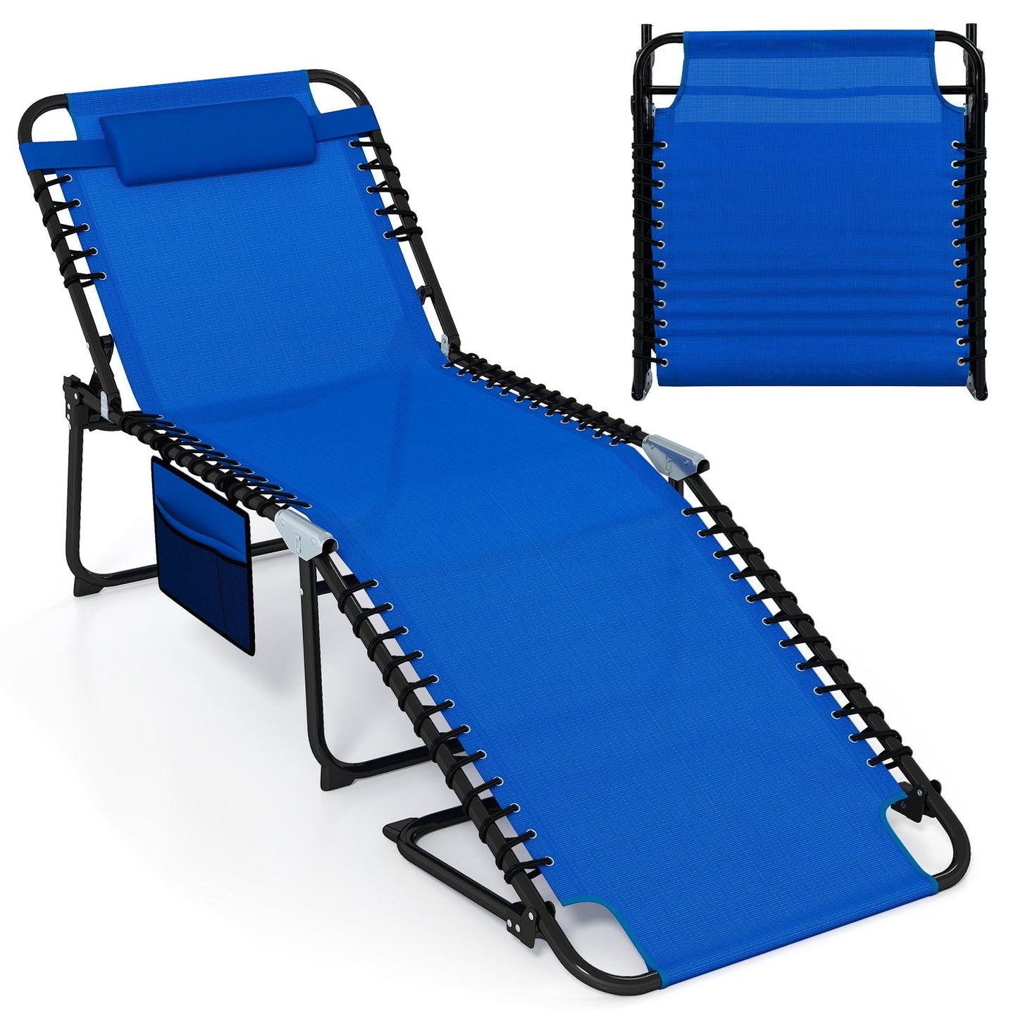 Oversize Folding Chaise Lounge with Adjustable Backrest and Detachable Pillow-Blue