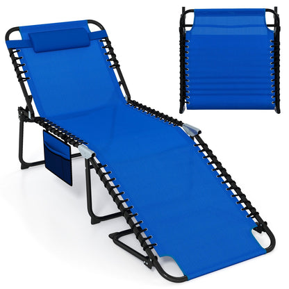 Oversize Folding Chaise Lounge with Adjustable Backrest and Detachable Pillow-Blue