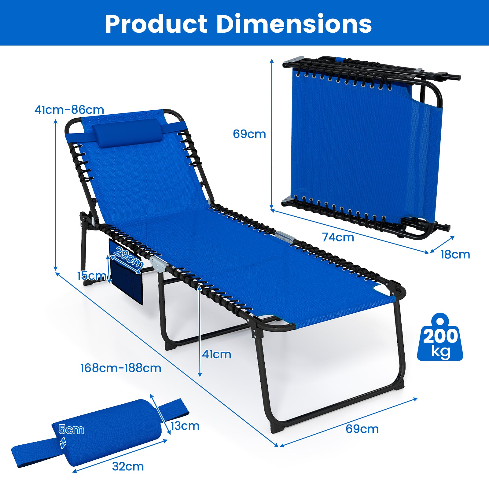 Oversize Folding Chaise Lounge with Adjustable Backrest and Detachable Pillow-Blue