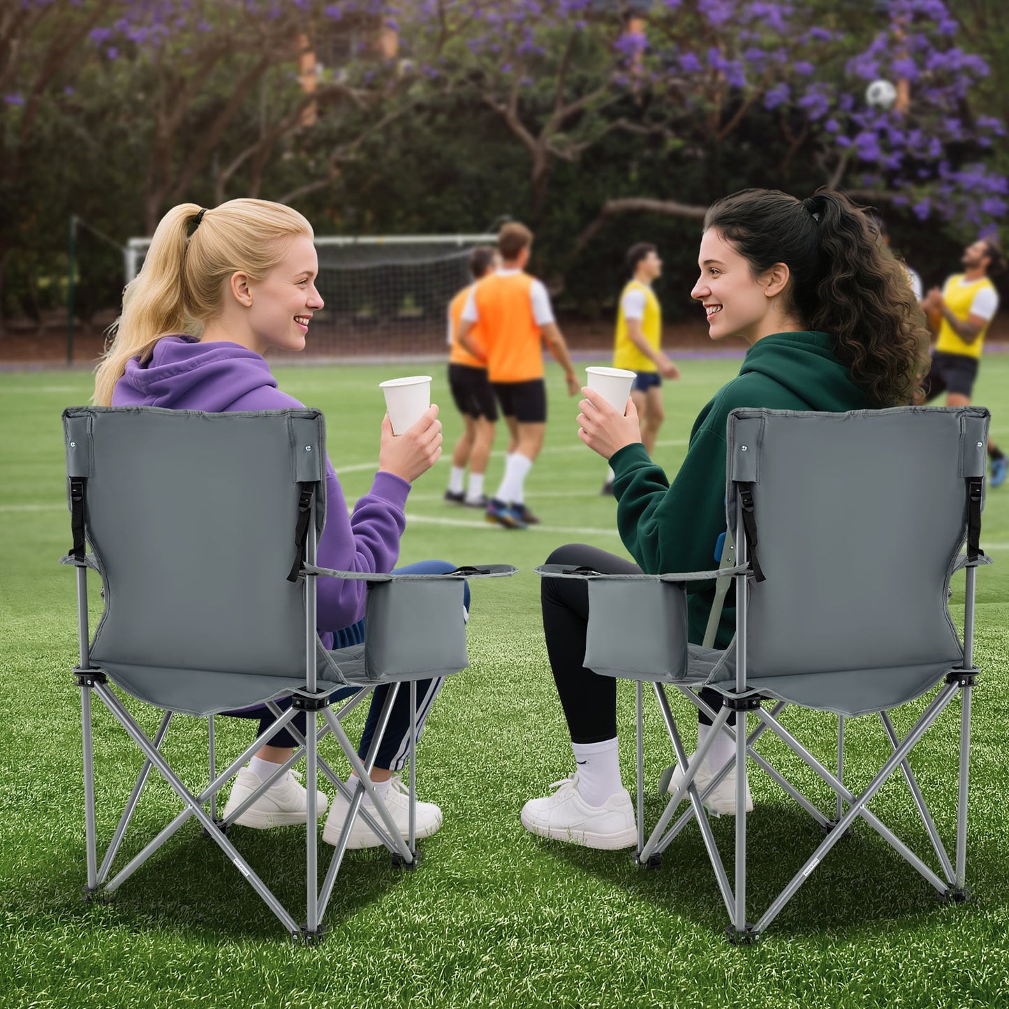 Oversized Camping Chair with Cooler Pouch and Cup Holder Set of 2-Grey