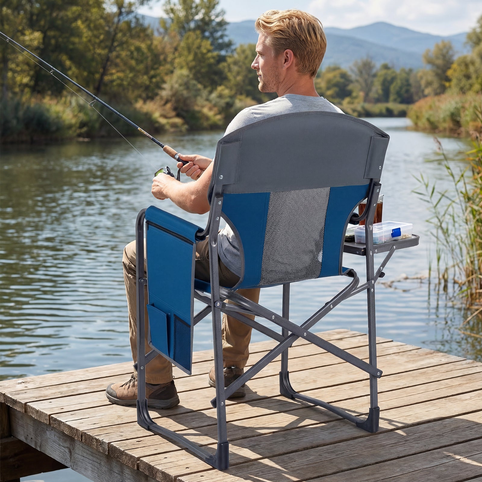 Oversized Padded Folding Camping Chair with Side Table-Navy