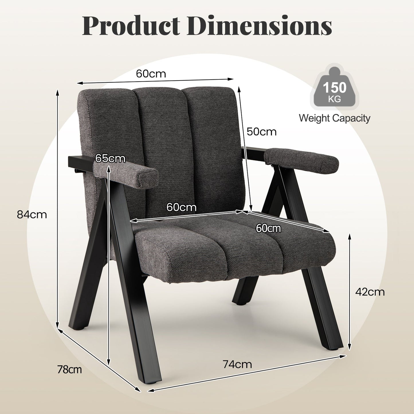 Oversized Accent Chair Upholstered with Metal Frame and Armrests-Grey