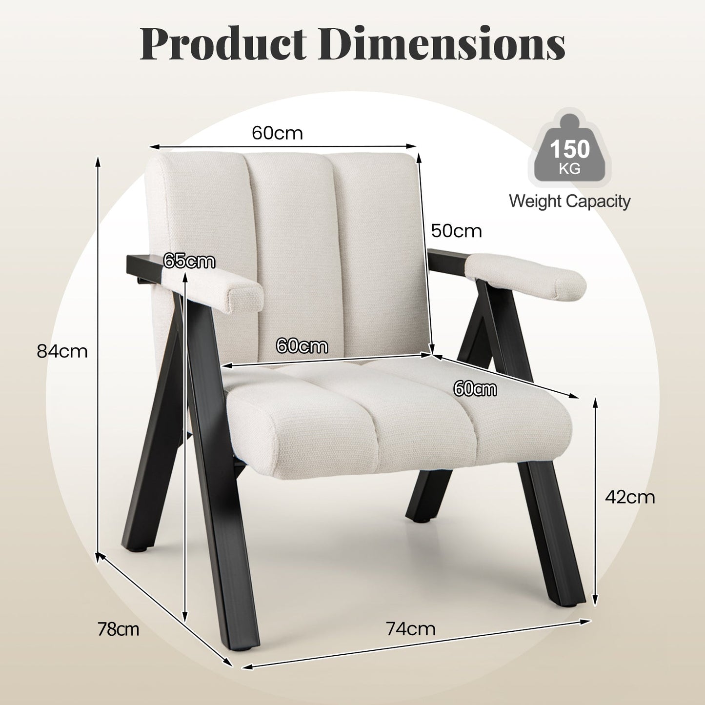 Oversized Accent Chair Upholstered with Metal Frame and Armrests-White