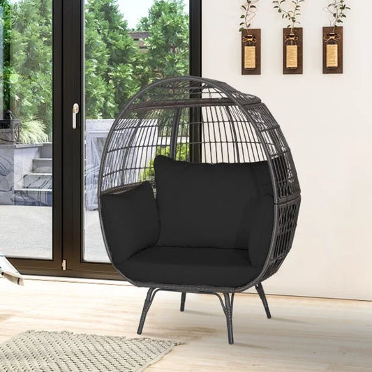 Oversized Patio Wicker Egg Lounge Chair with 4 Soft Cushions-Navy