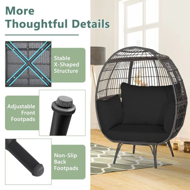 Oversized Patio Wicker Egg Lounge Chair with 4 Soft Cushions-Navy