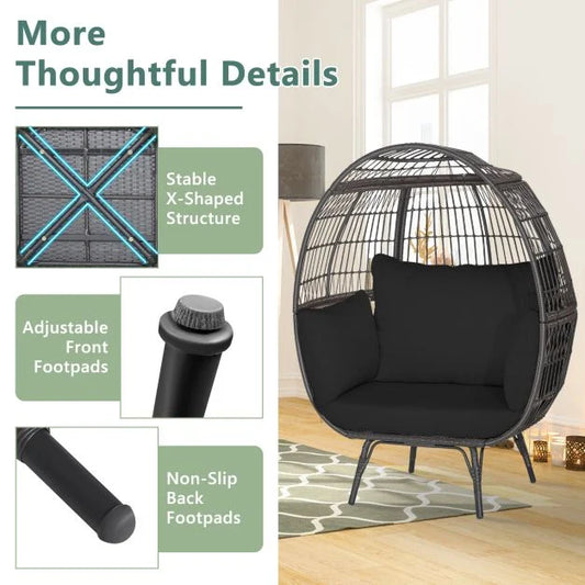 Oversized Patio Wicker Egg Lounge Chair with 4 Soft Cushions-Navy
