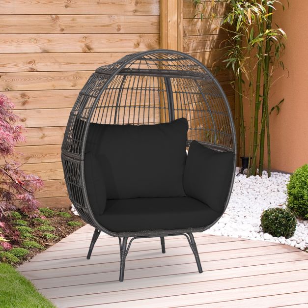 Oversized Patio Wicker Egg Lounge Chair with 4 Soft Cushions-Navy