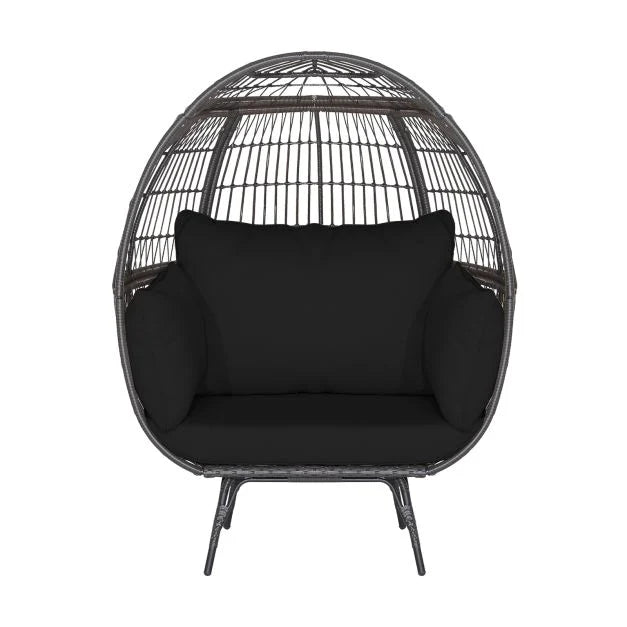 Oversized Patio Wicker Egg Lounge Chair with 4 Soft Cushions-Navy