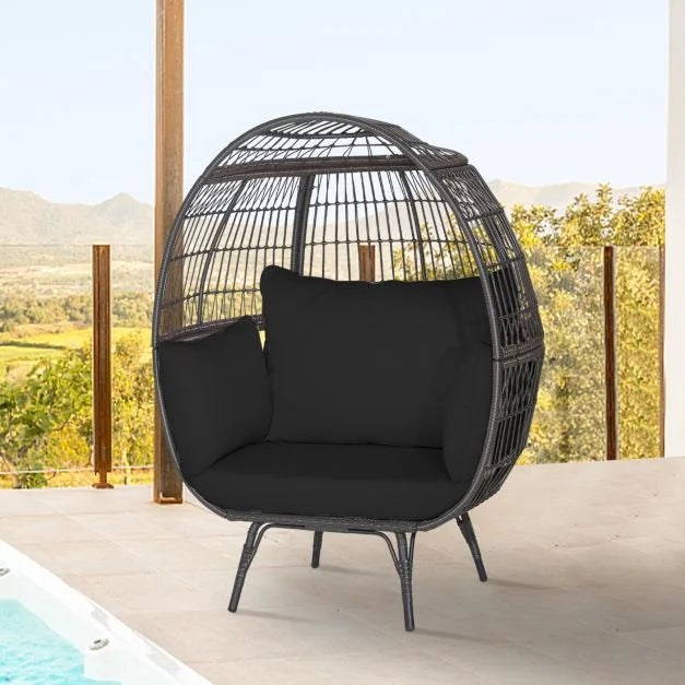Oversized Patio Wicker Egg Lounge Chair with 4 Soft Cushions-Navy
