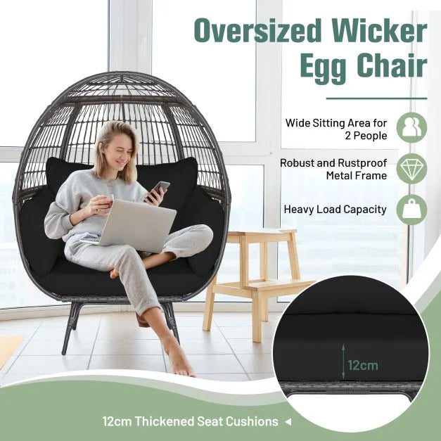 Oversized Patio Wicker Egg Lounge Chair with 4 Soft Cushions-Navy