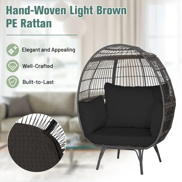 Oversized Patio Wicker Egg Lounge Chair with 4 Soft Cushions-Navy