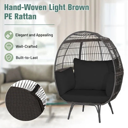 Oversized Patio Wicker Egg Lounge Chair with 4 Soft Cushions-Navy
