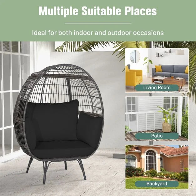 Oversized Patio Wicker Egg Lounge Chair with 4 Soft Cushions-Navy