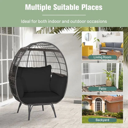 Oversized Patio Wicker Egg Lounge Chair with 4 Soft Cushions-Navy