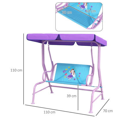 Outsunny 2 Seater Kids Garden Swing Fairy Themed Kids Swing Chair with Adjustable Canopy, Safety Belts for Park Porch Poolside