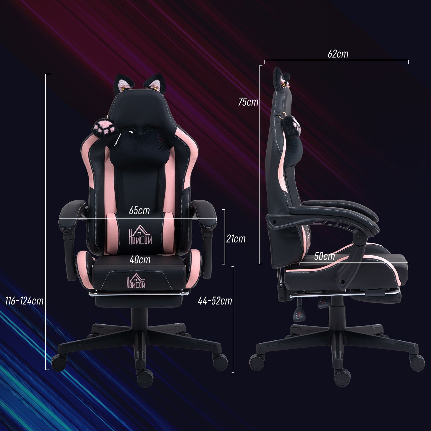 HOMCOM Cat Ear and Paw Reclining Office Chair, with Footrest - Black/Pink
