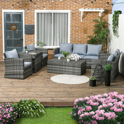 Outsunny 6 Pieces Rattan Garden Furniture Set Wicker Outdoor Sofa Sectional Patio Conversation Furniture Set w/ Storage Table and Cushions, Grey