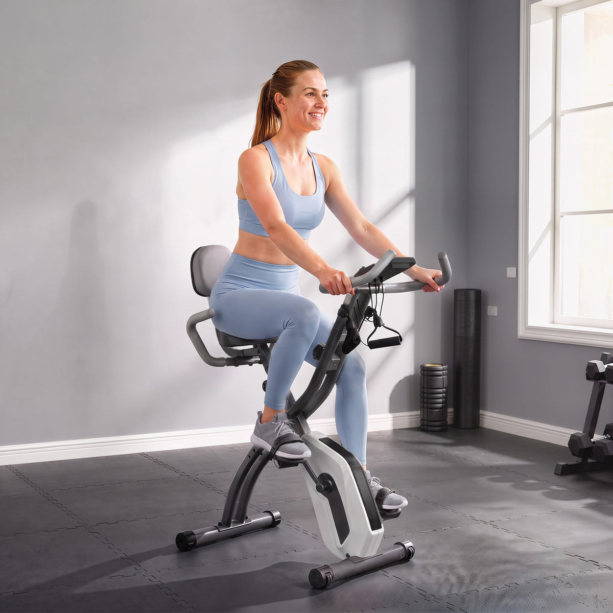 SPORTNOW 4-In-1 Folding Exercise Bike with Resistance Bands, Bluetooth App, 8-Level Magnetic Resistance, LCD Display, Grey