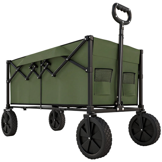 Outsunny 95L Foldable Festival Trolley on Wheels, Collapsible Wagon Cart with Adjustable Handle and 2 Cup Holders, Dark Green
