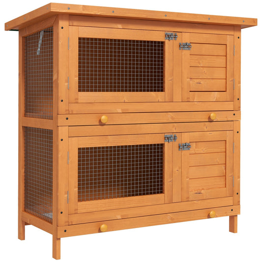 PawHut Double Tier Rabbit Hutch Large 2-Tier Wooden Hutch for Rabbits & Guinea Pigs, Pet Lovers Choice, Natural
