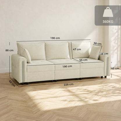 HOMCOM 3 Seater Sofa with Lift-Up Storage, 228cm Comfy Velvet Couch with Wide Deep Seat, Beige