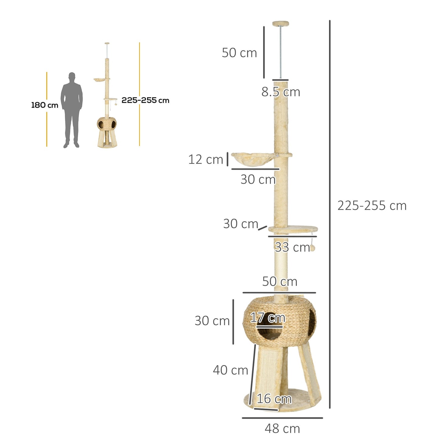 PawHut 255cm Cat Tree Tower for Indoor Cats, with Scratching Post, Cat House, Platform - Beige