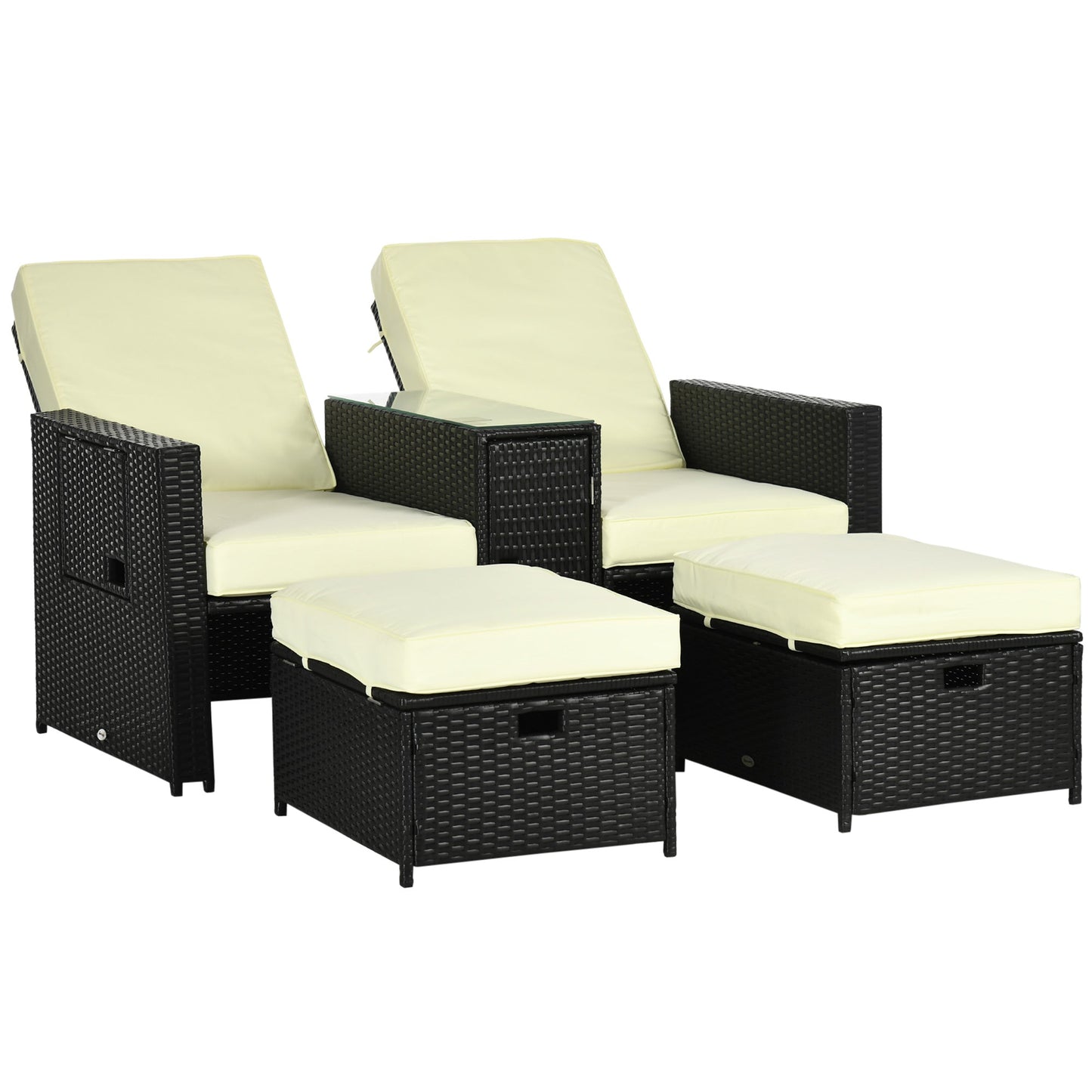 Outsunny 5PC PE Rattan Sun Lounger، سرير أريكة قابل للتعديل بـ 5 مستويات من الخوص في الهواء الطلق مع طاولة جانبية للتخزين، ومساند للقدمين، للفناء والحديقة، أسود