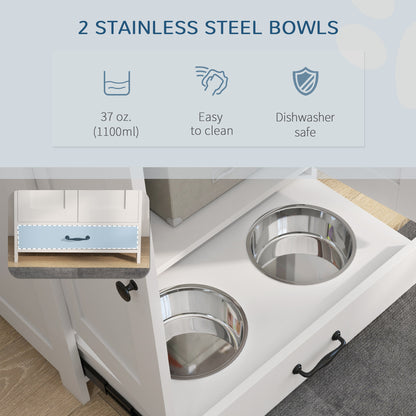 PawHut Pet Feeding Station with Raised Dog Bowls, Adjustable Panel, Hooks, White
