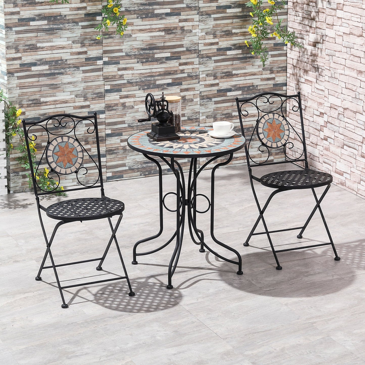 Outsunny 3 Piece Garden Bistro Set, Folding Patio Chairs_Ceramic Tiles Tabletop for Outdoor, Balcony, Poolside, Light Blue